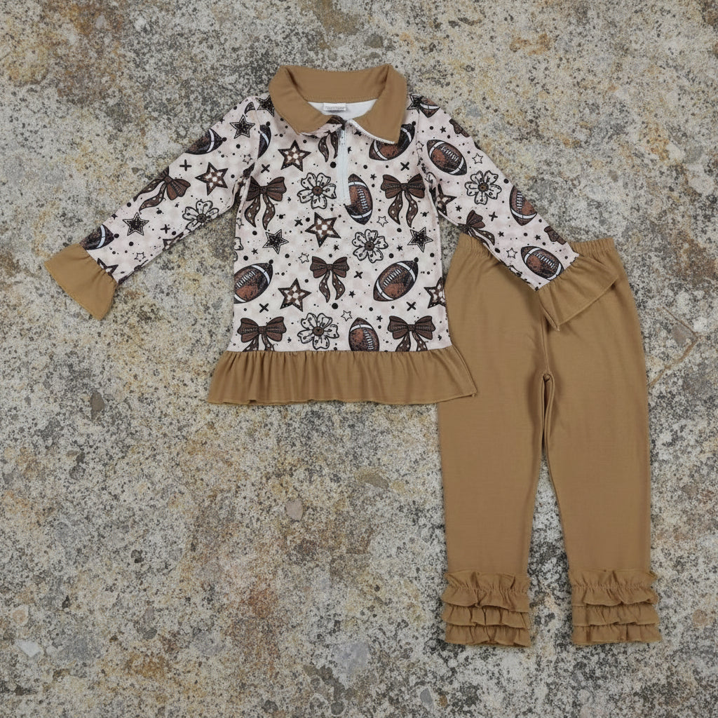 brown football print zip pullover icing pants set fall toddler girl outfit