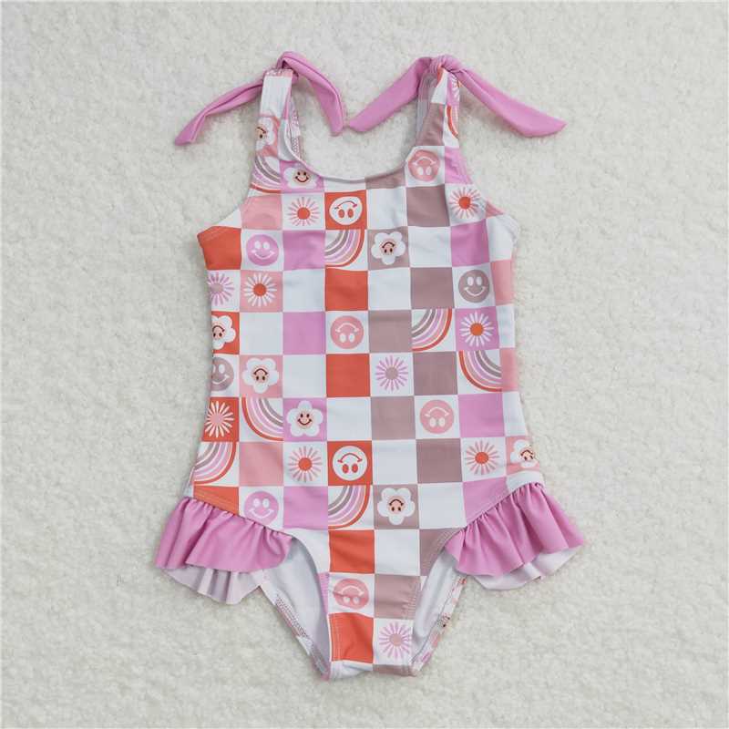 boho checkered one piece swimsuit tankini girl swimwear