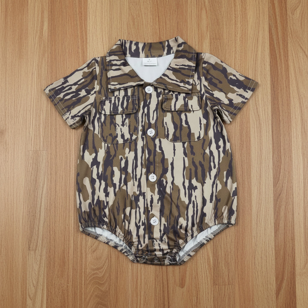 camo button romper with pocket