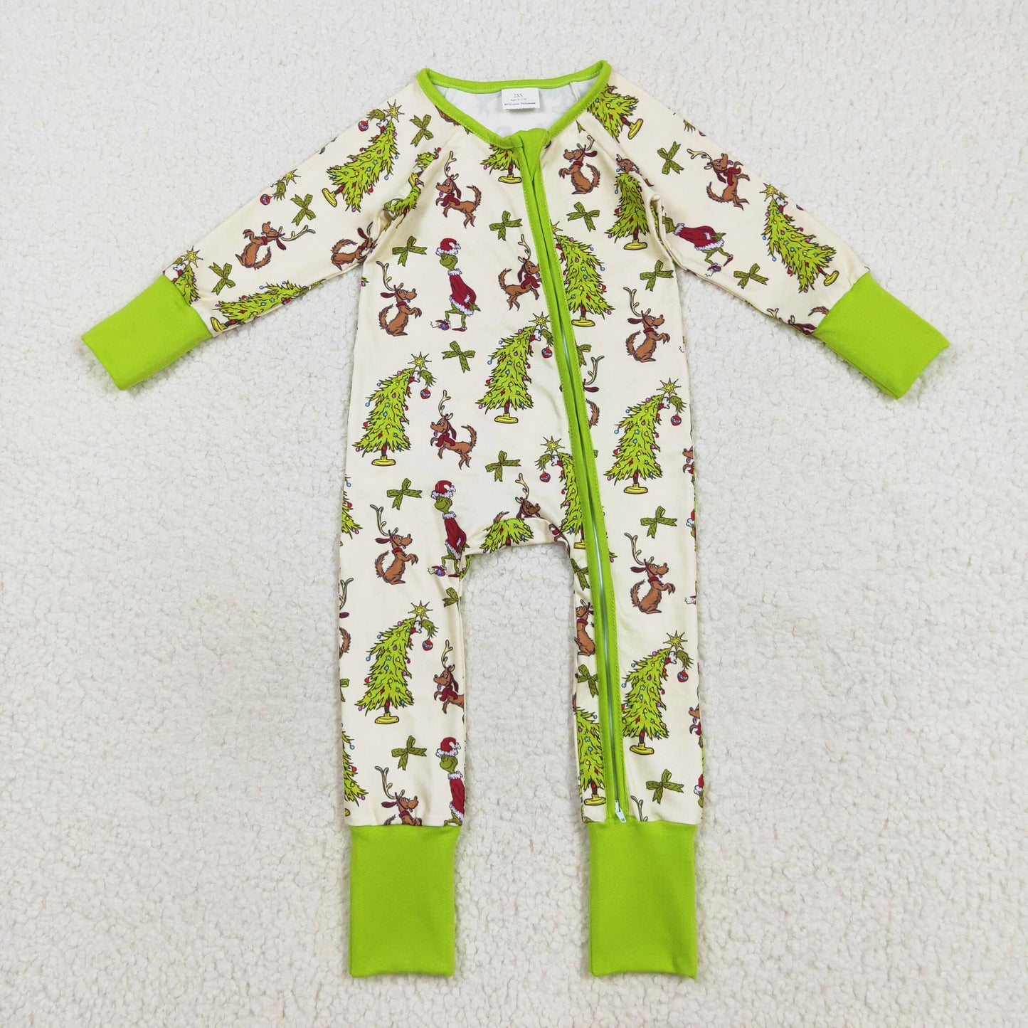long sleeve green tree bows gri*ch dog print boy sleeper