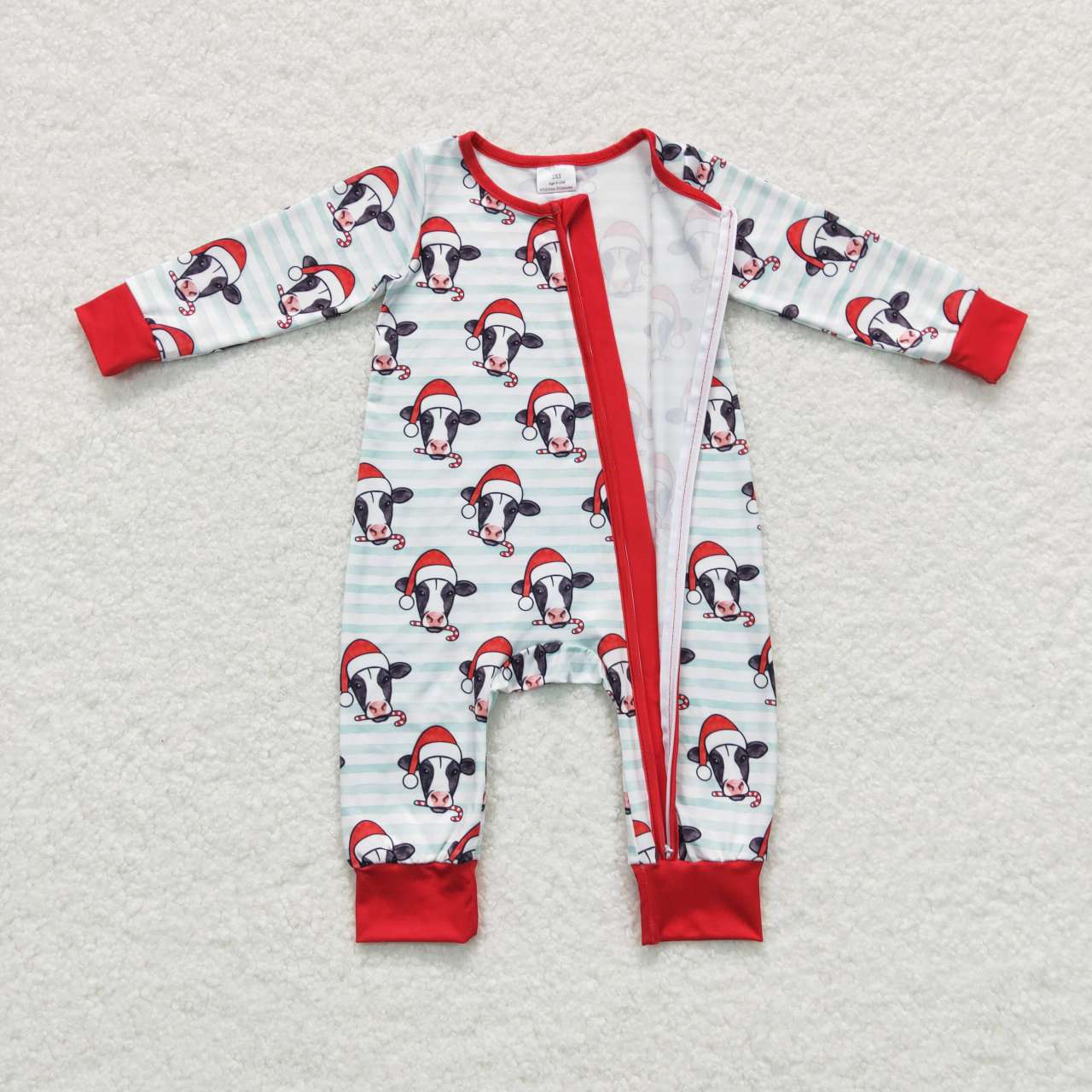 santa cow print zip sleeper christmas romper