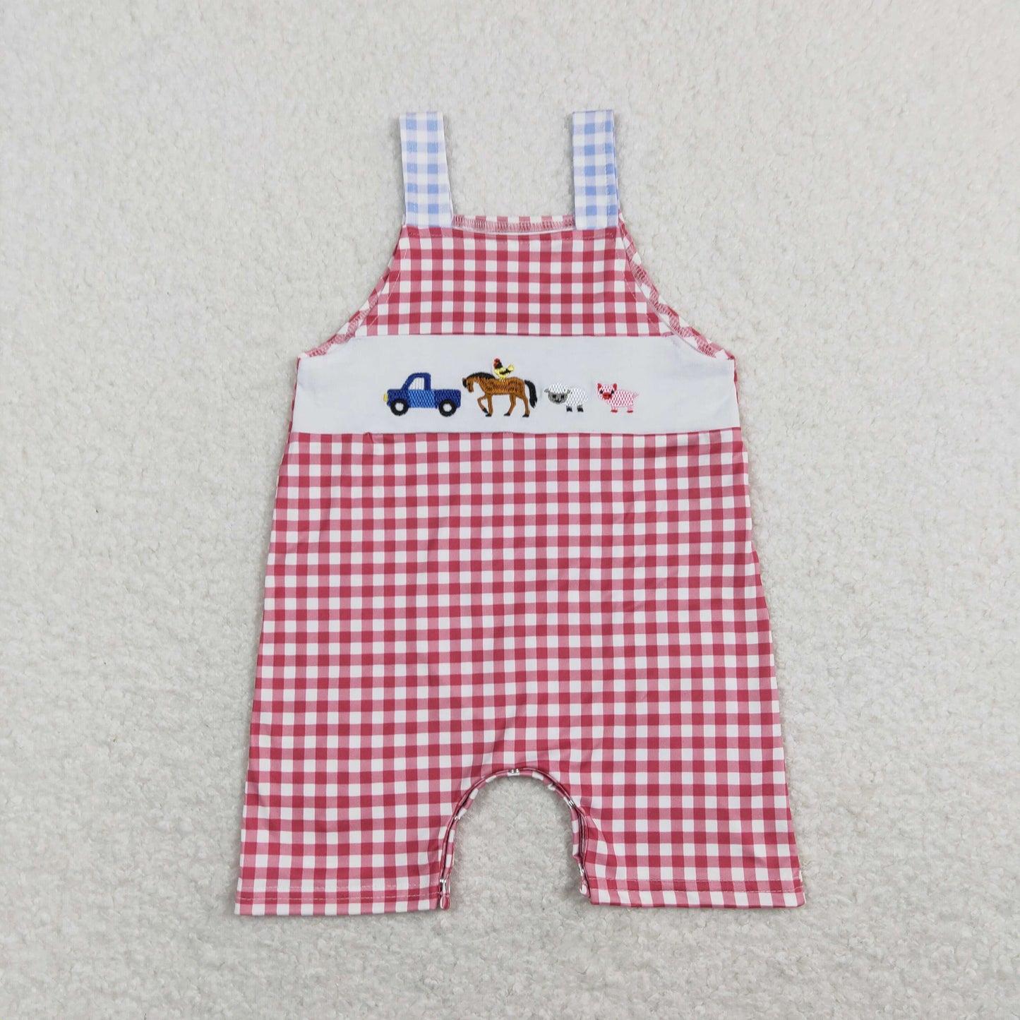 strap embroidery romper , red plaid, farm animal romper