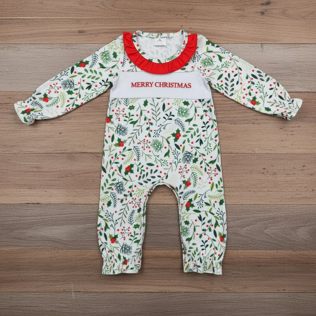 baby girl long sleeve merry christmas embroidery romper