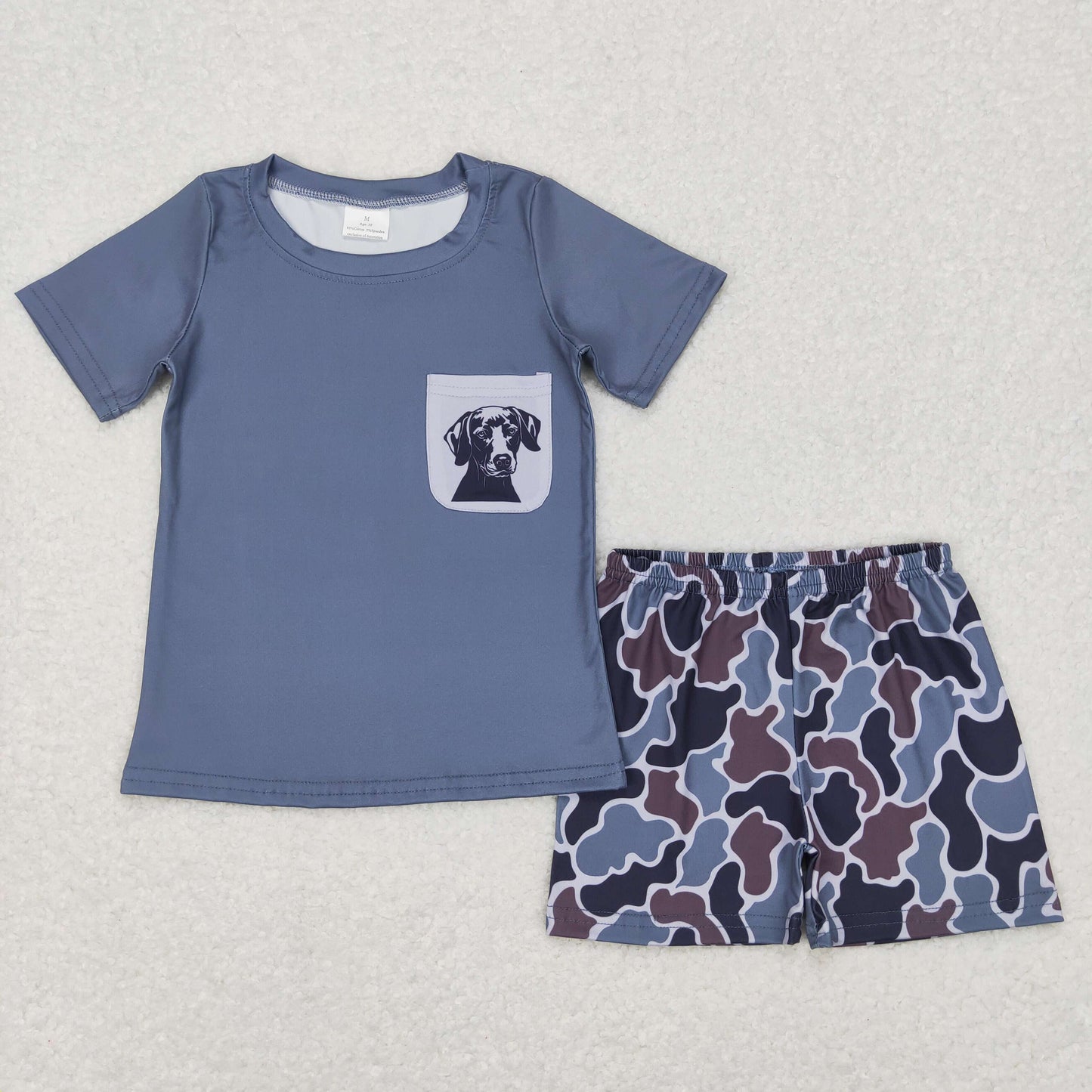 dog print pocket shirt boy camo shorts set