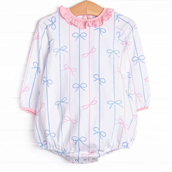 NO MOQ CLOSE 2025 3rd Sept long sleeve pink blue stripes&bows girl bubble