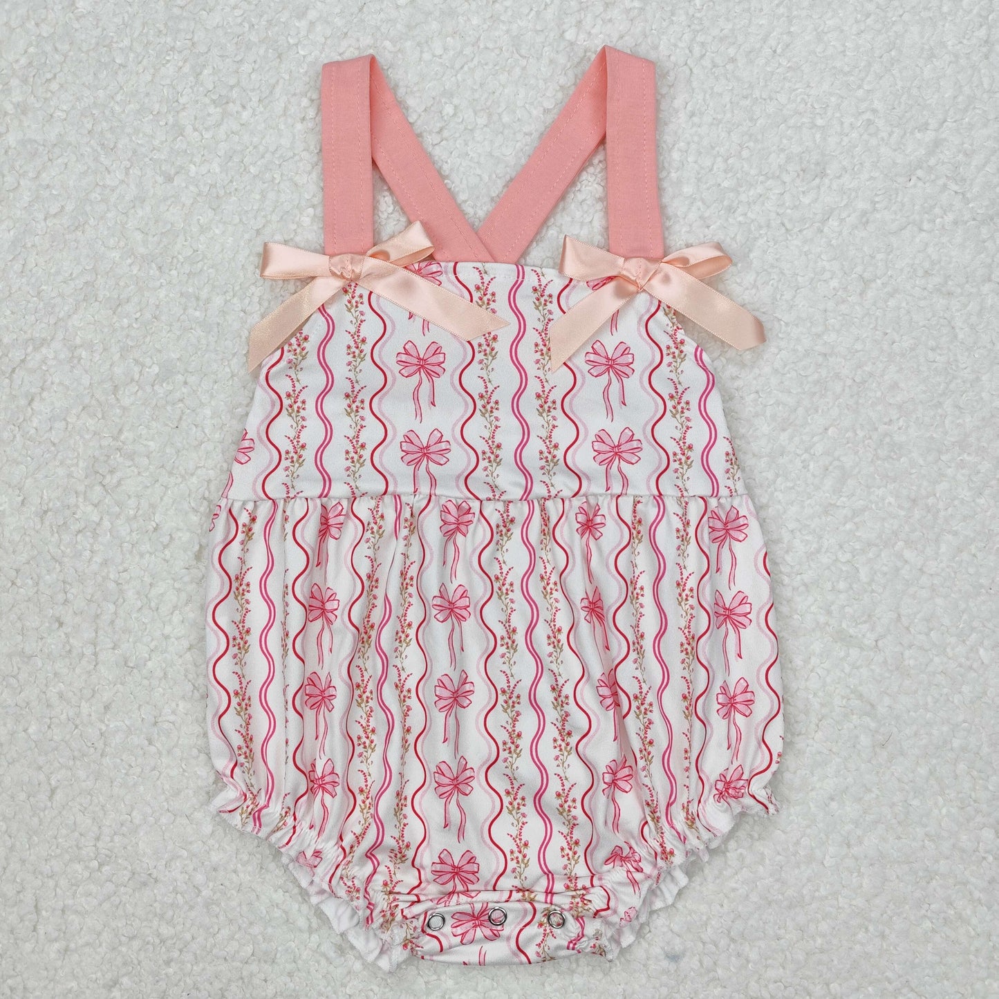 pink floral bow ribbon print cross back strap bubble baby girl clothes