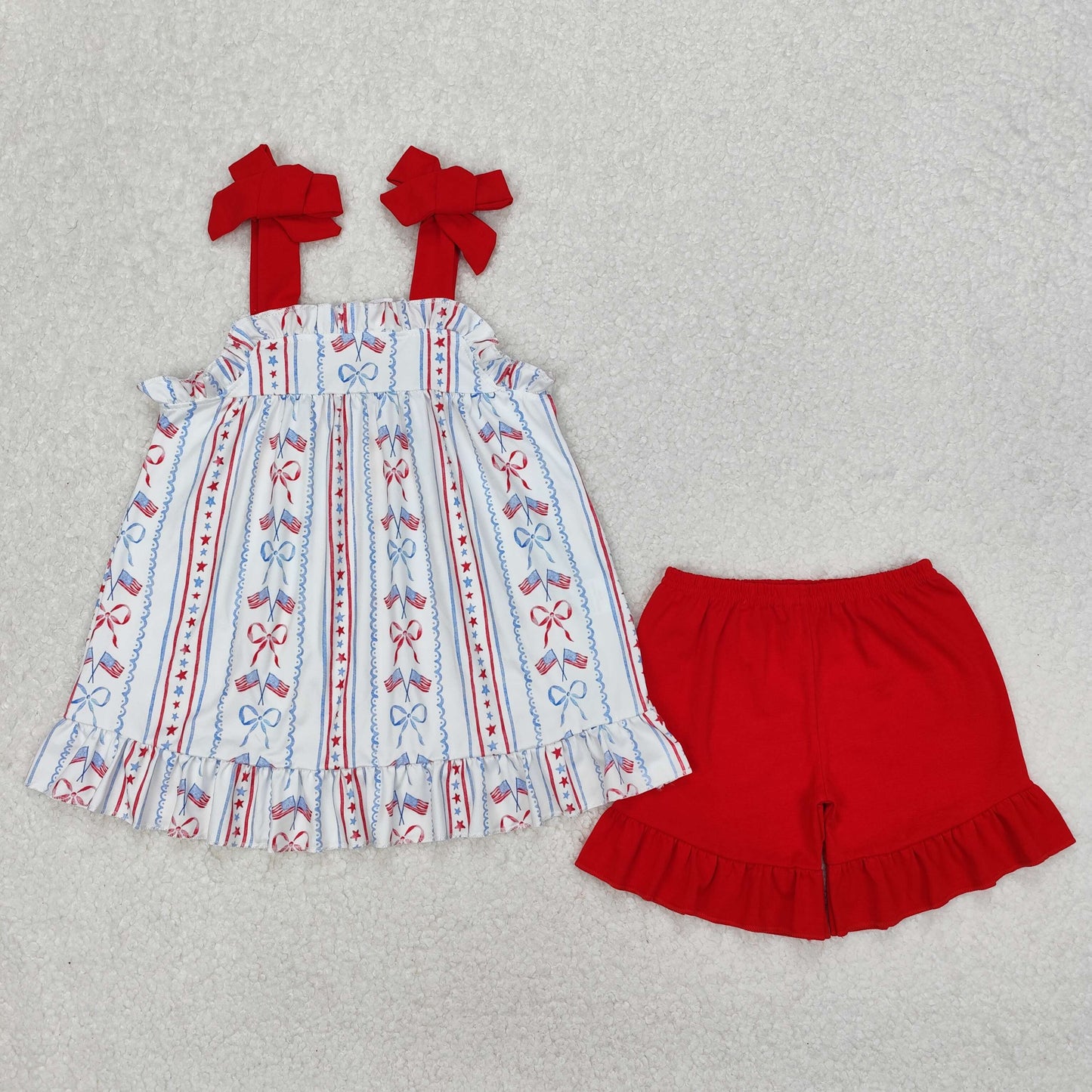 red bow flag print strap shorts set 4th of july girls clothing