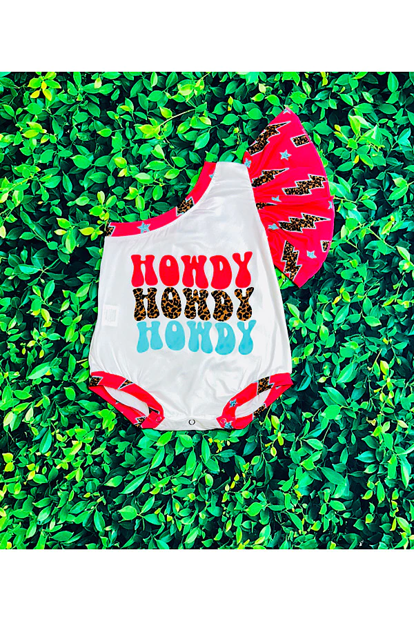 "HOWDY, HOWDY, HOWDY" one ruffle sleeve bubble baby romper