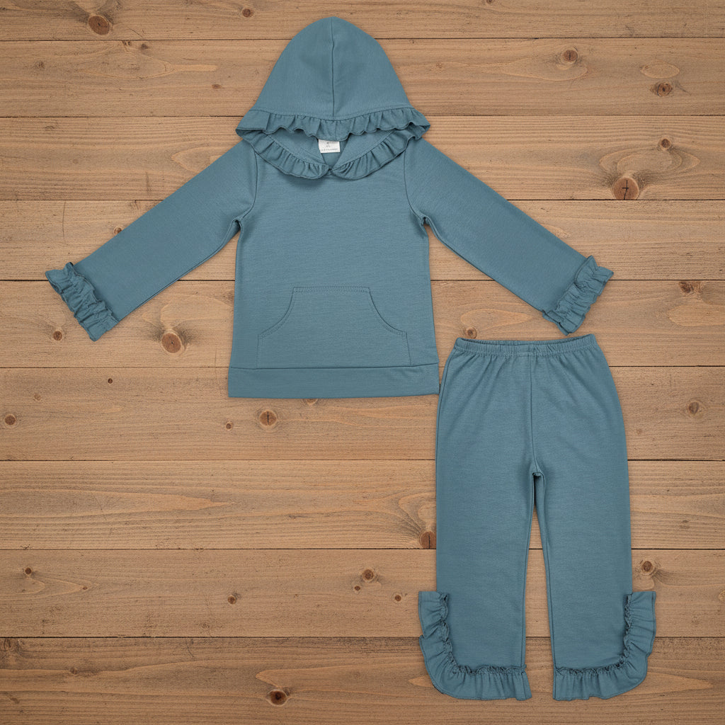 solid cotton ruffle hoodie pants outfit girl’s clothing
