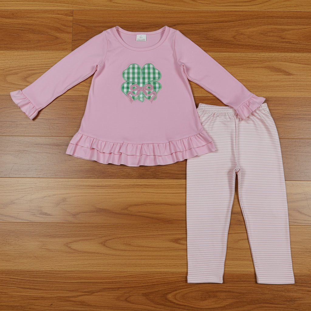 st patrick pink clover embroidery legging set