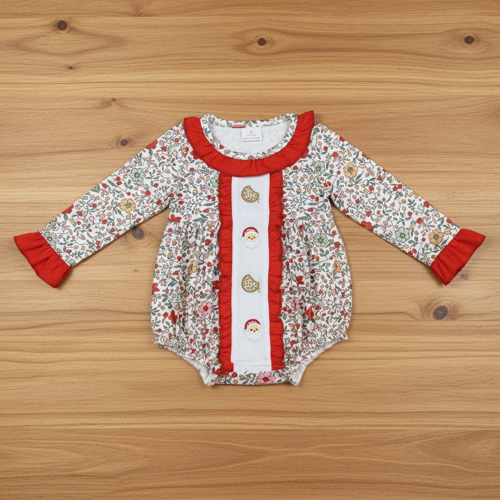 Christmas floral santa embroidery girl bubble