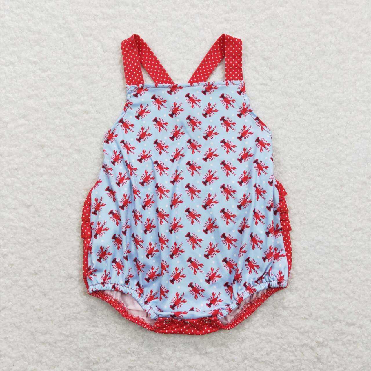 baby girl crawfish print ruffle cross bubble