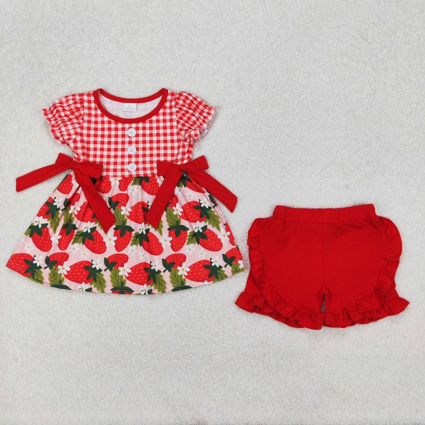 red strawberry ruffle shorts set