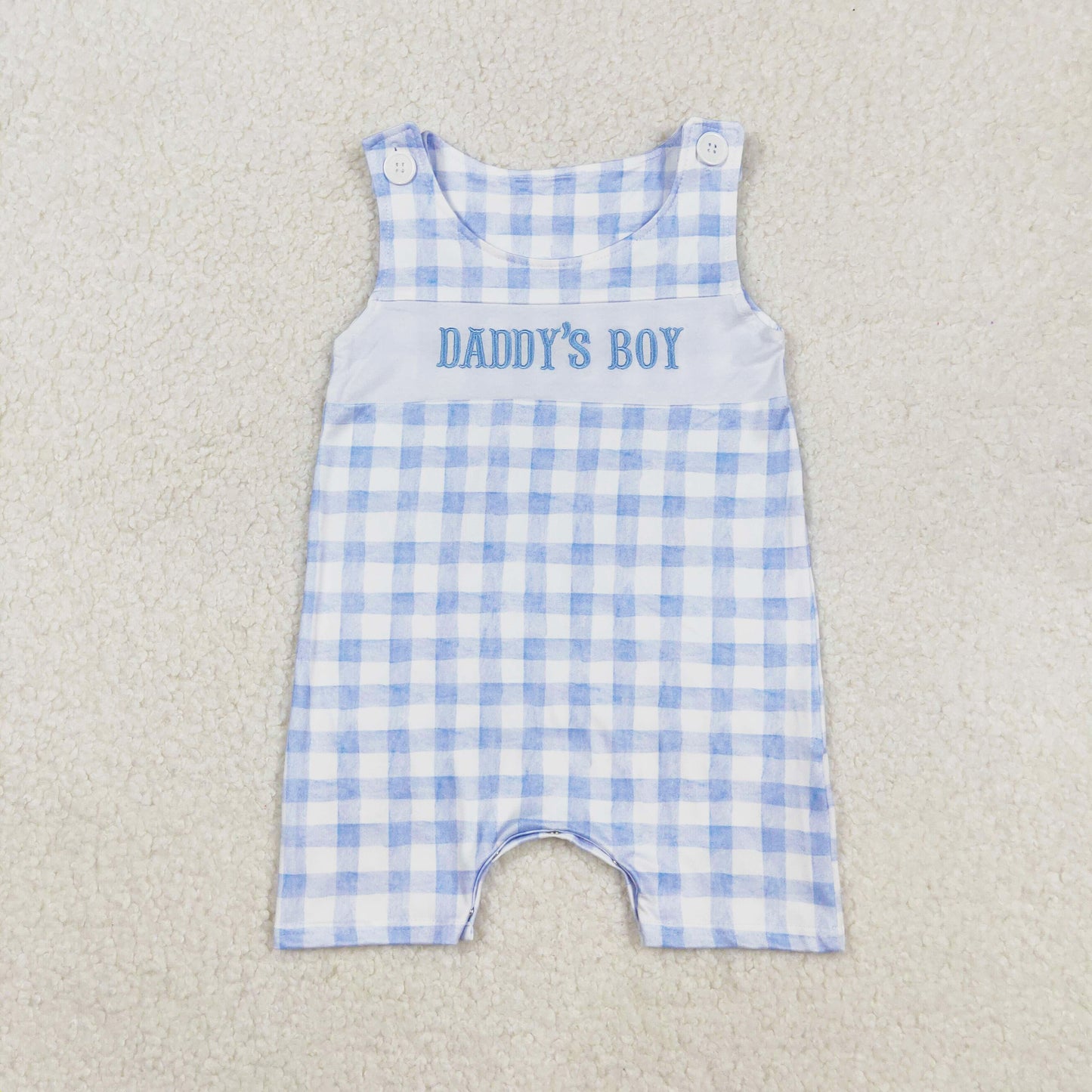 blue plaid daddy's boy embroidery tank romper