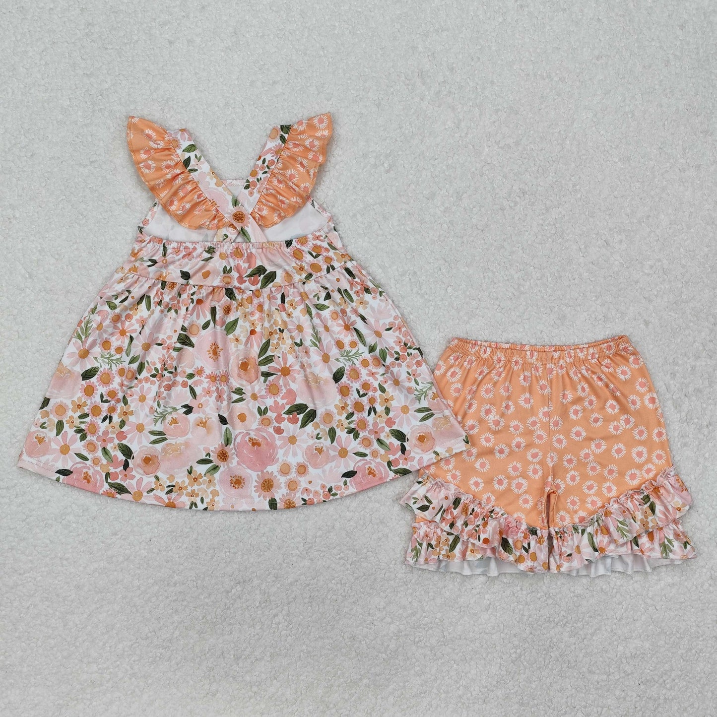 peach flower cross tunic ruffle shorts set girls clothes