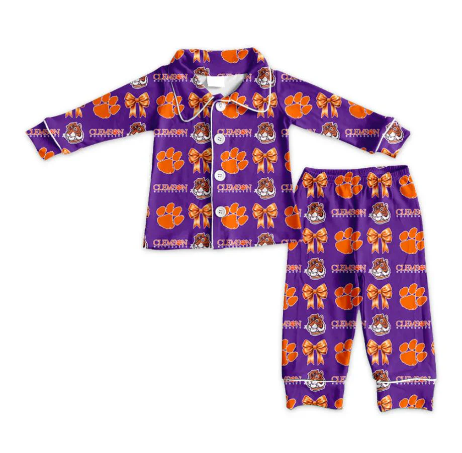 (Custom Design MOQ 5 Each Item)Team's Tinger Bows Print Girls Matching Clothes