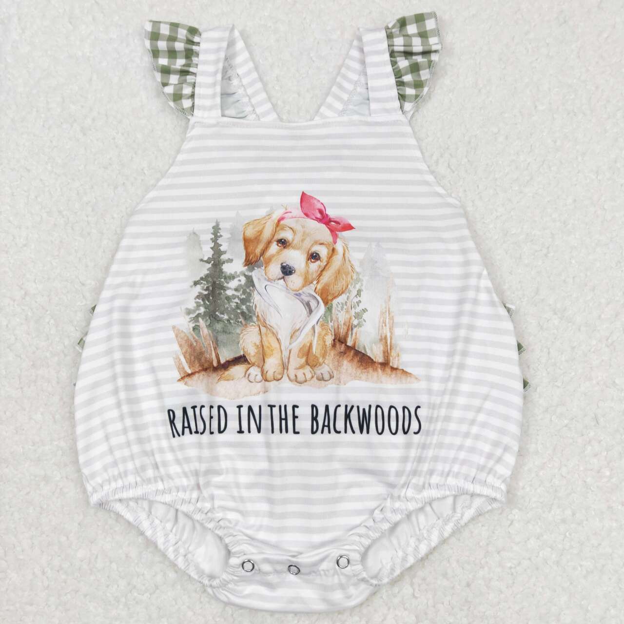 dog print baby girl ruffle bubble romper