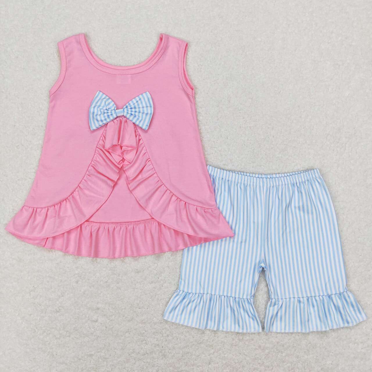 baby girl pink blue tank pocket backless stripe shorts set