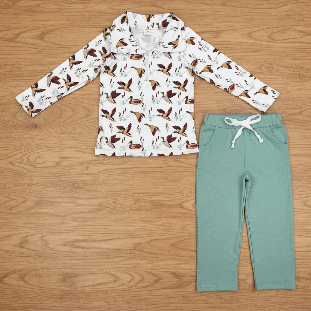 duck zip top solid pants set boy clothes