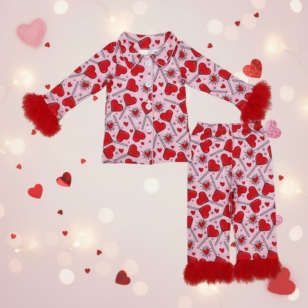 baby girl valentine heart candy button down pajama set