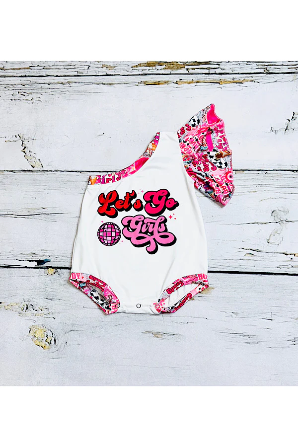 "LET'S GO GIRLS" disco ball one ruffle sleeve baby bubble romper