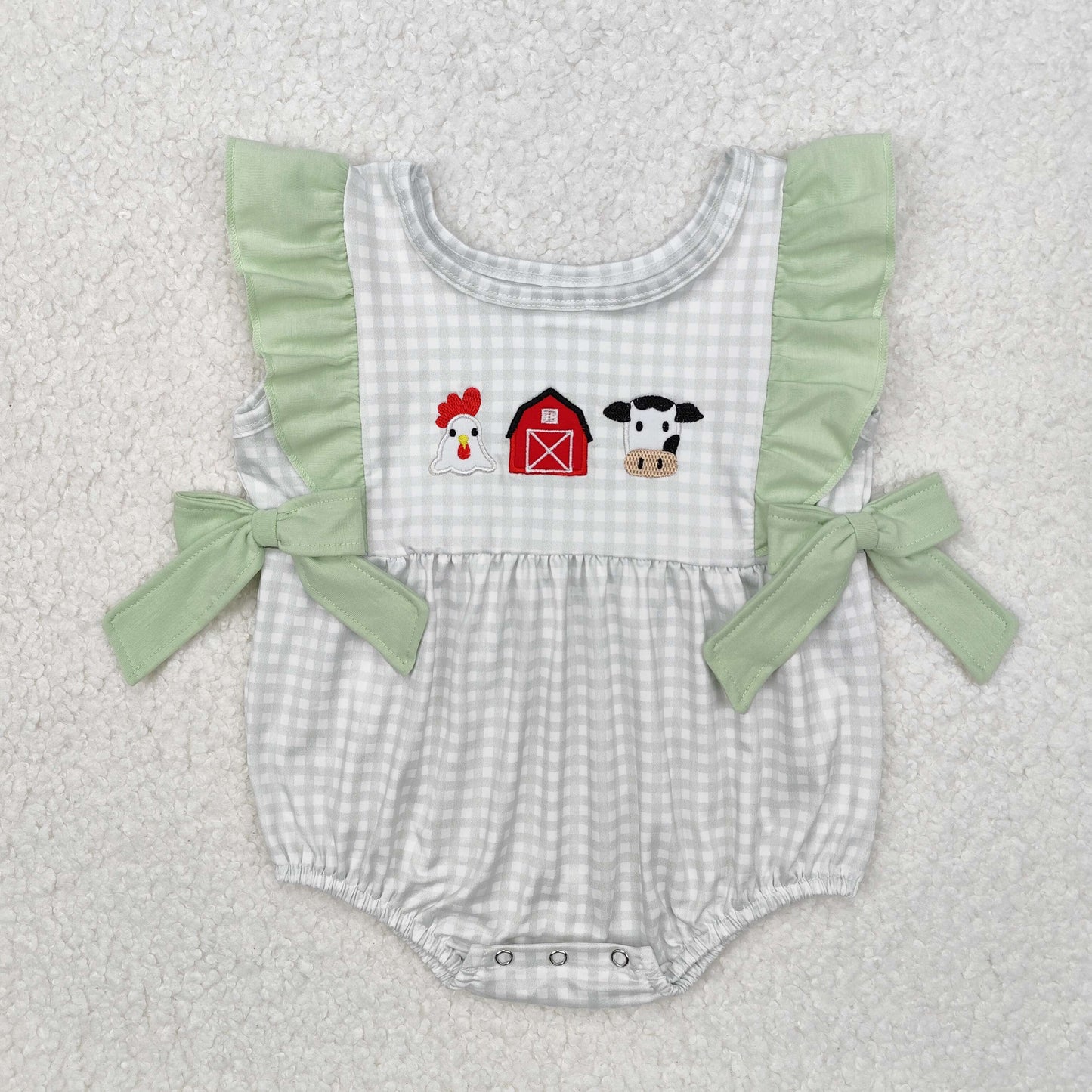 gray gingham farm embroidered bow bubble