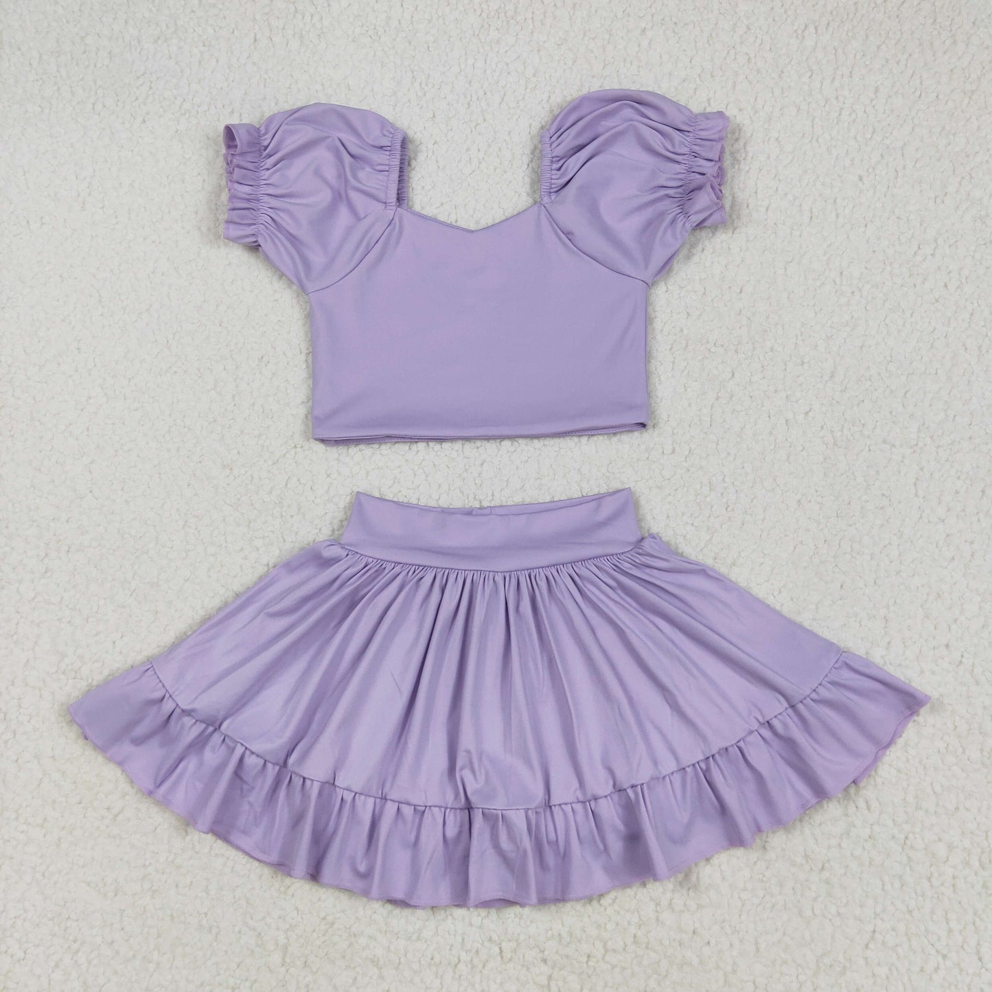 solid purple two pieces ruffle athletic skort dress yoga set