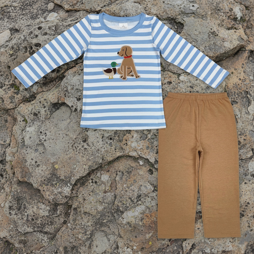 stripes dog duck embroidery boy pants set