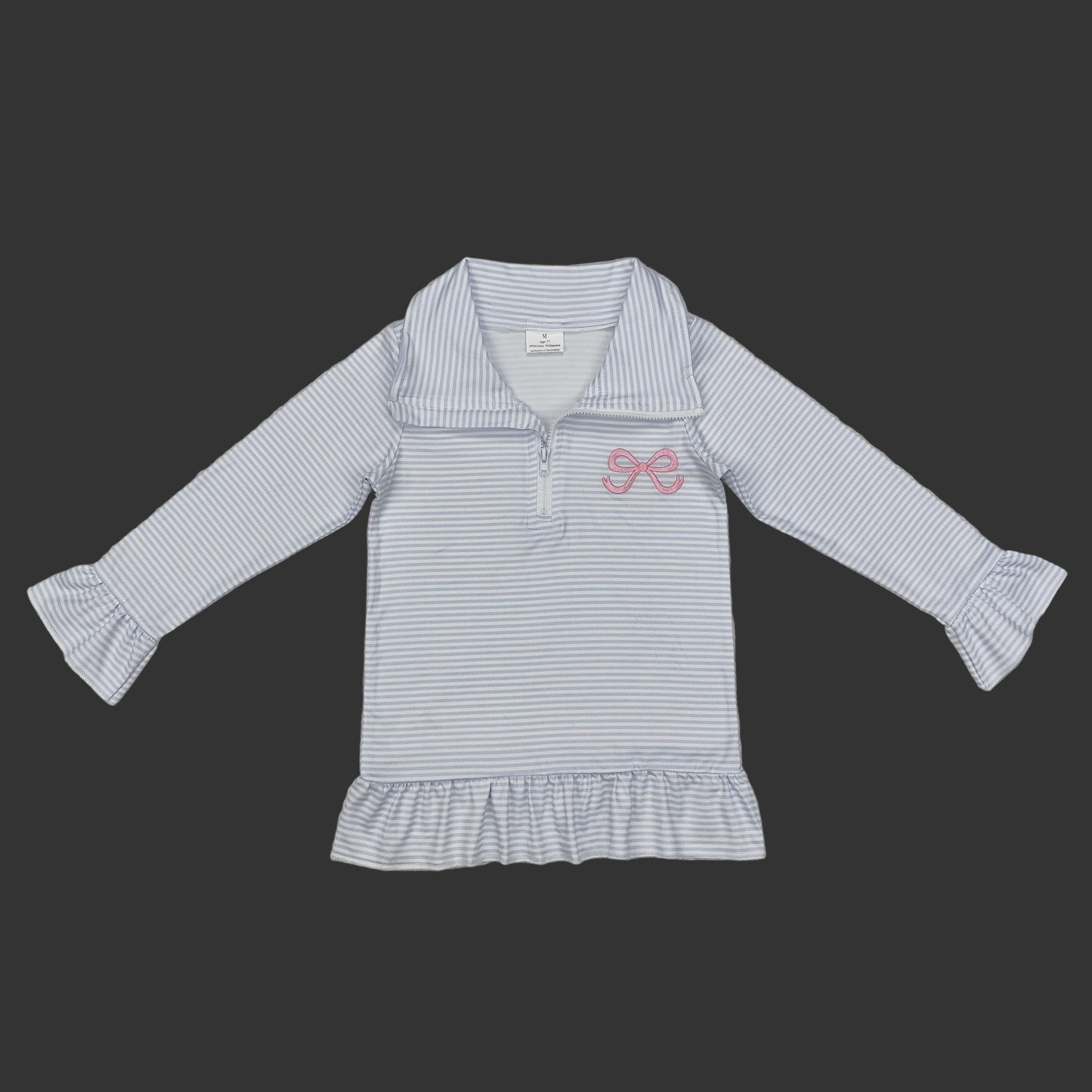 baby girl gray stripes bows embroidery zip pullover