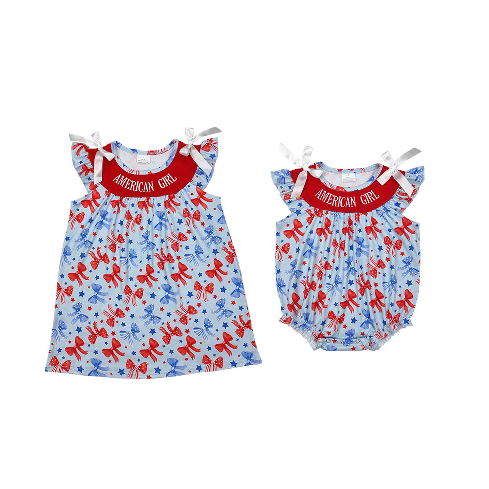 American Girl Bow Embroidery 4th of July Sisters Matching Clothes
