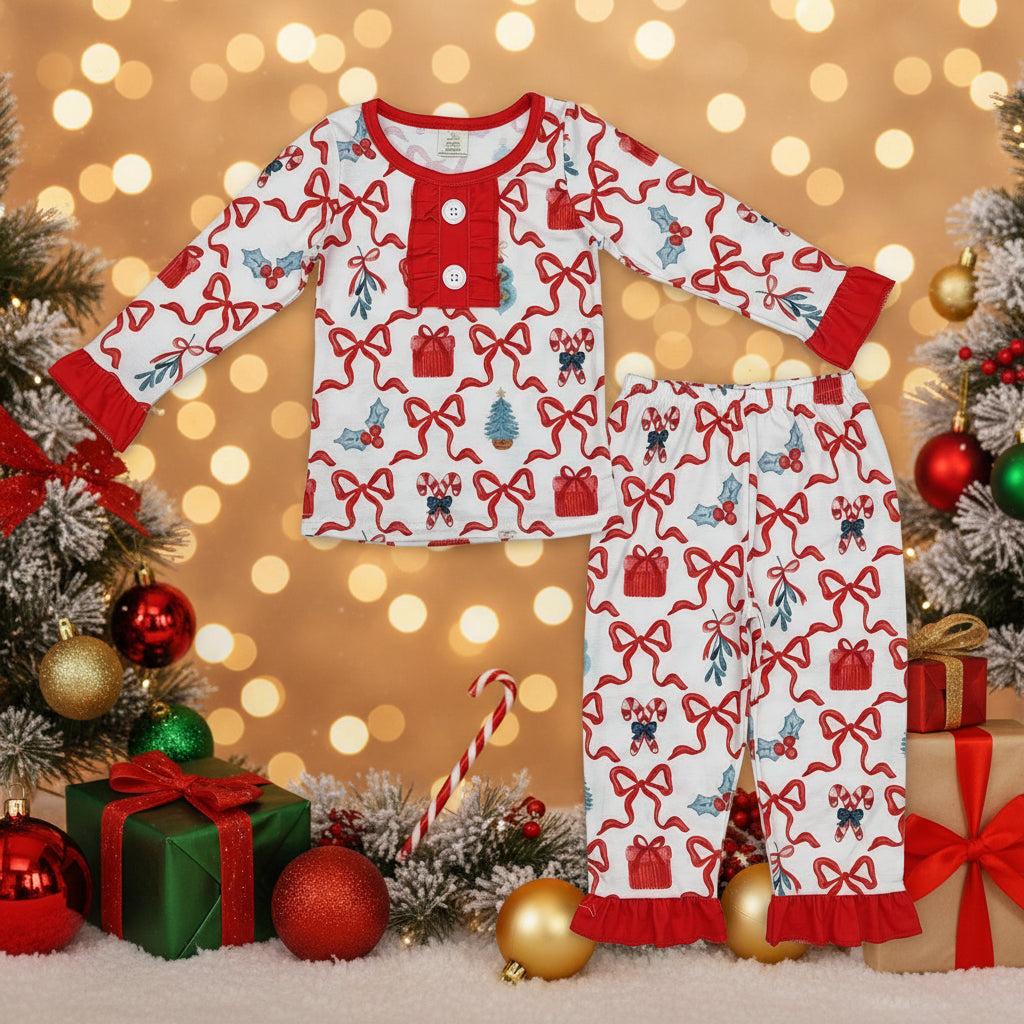 girl red gift and bow Christmas bamboo pajama set