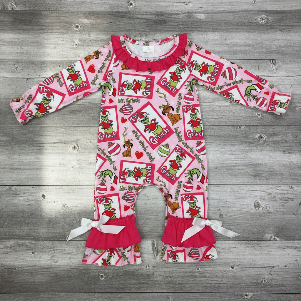 girl Christmas grinchey ruffle romper