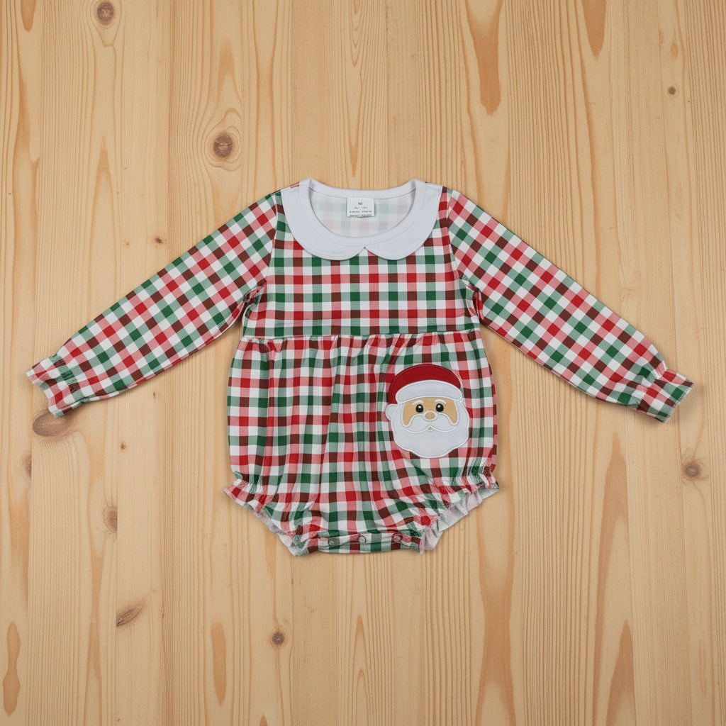 red green plaid santa embroidery girl bubble