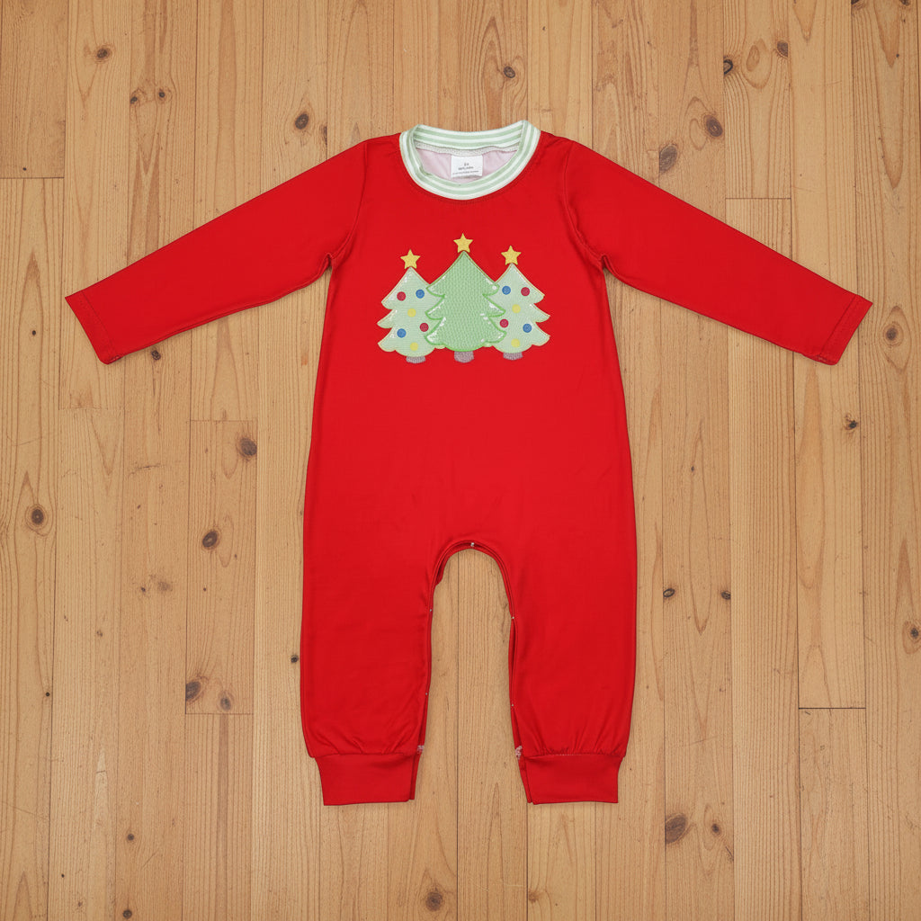 baby boy red Christmas tree print romper