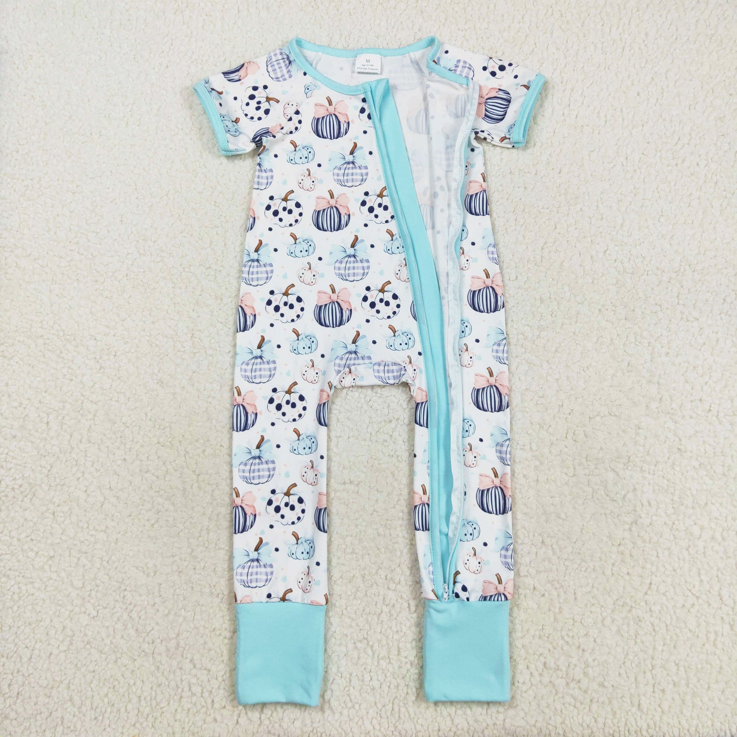 blue short sleeve stripes dots pumpkin girl zip sleeper