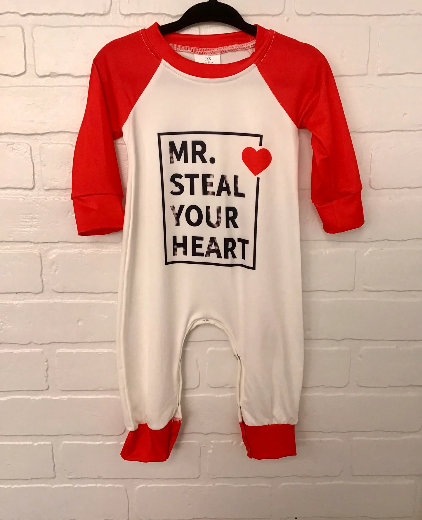 infant boy long sleeve valentine romper-Mr steal your heart