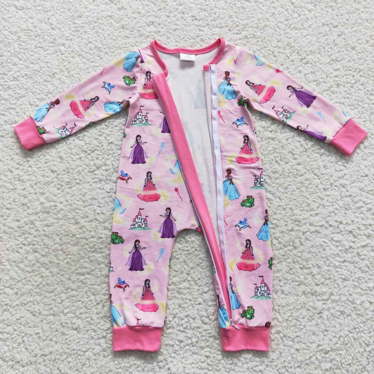 Pink princess print baby girl sleeper zipper PJs