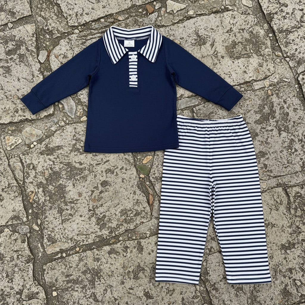 navy polor striped pants set boys clothes