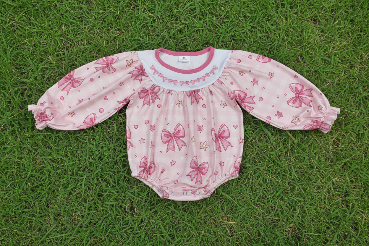 long sleeve pink bow embroidery romper baby clothes