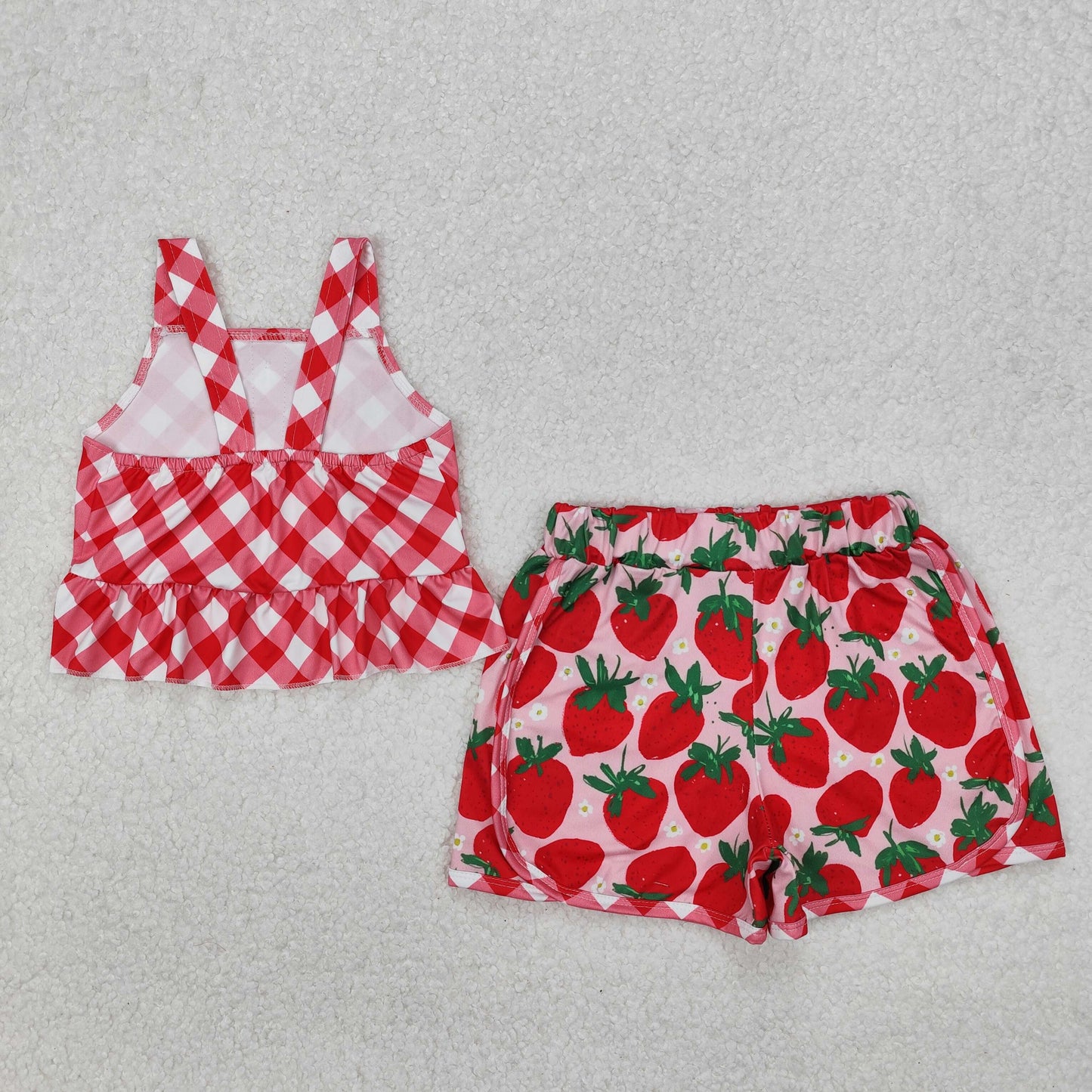 red plaid crop top strawberry shorts set