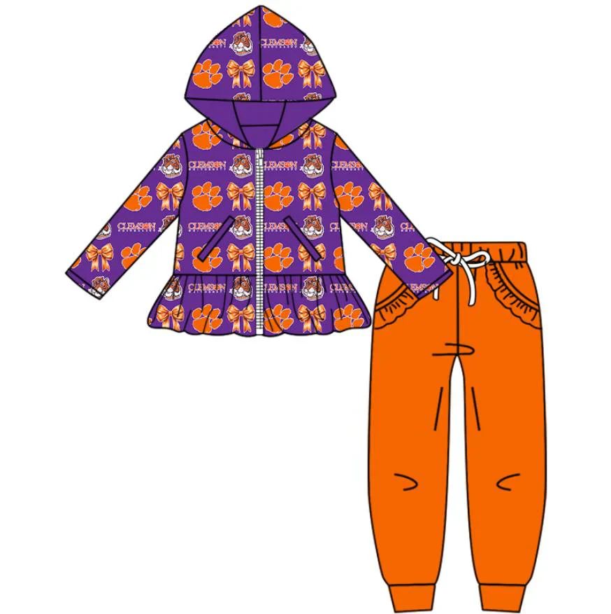 (Custom Design MOQ 5 Each Item)Team's Tinger Bows Print Girls Matching Clothes