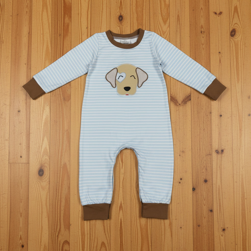 stripes dog embroidery boy romper