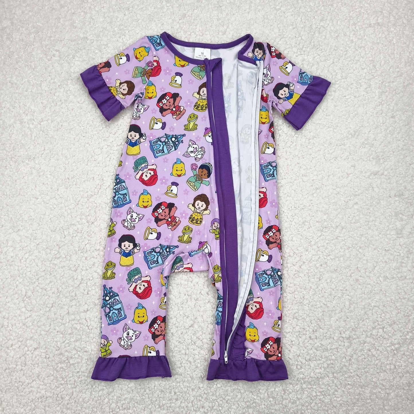 short sleeve cartoon ruffle zip sleeper purple