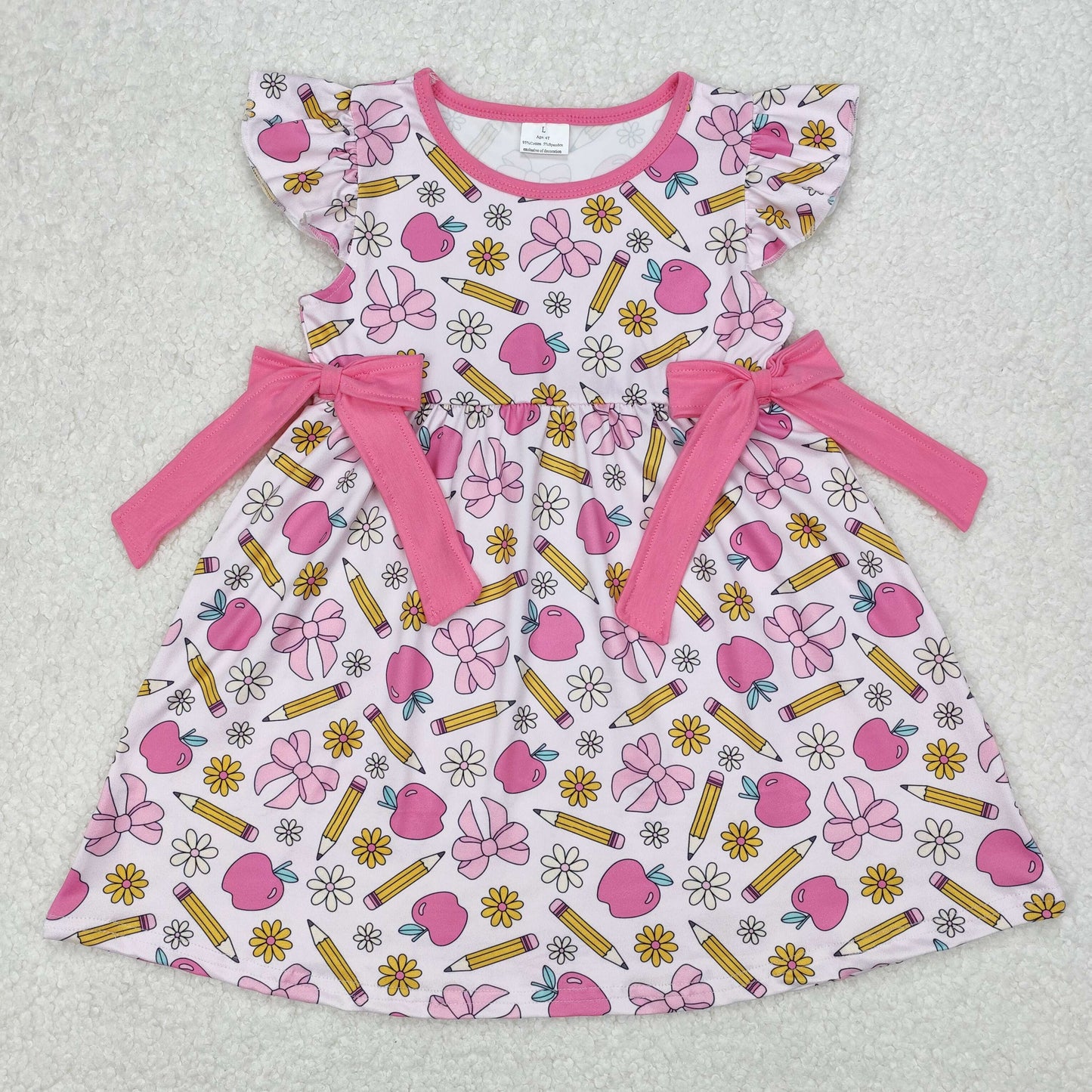 floral pencil apple bow print girl back to school dress