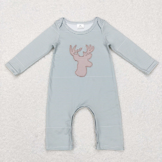 baby boy green stripe deer embroidery romper
