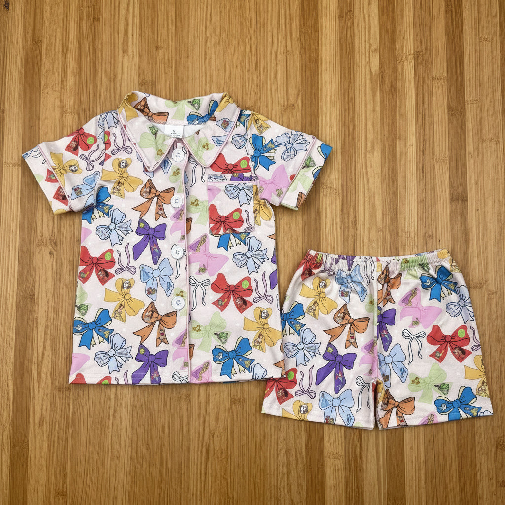 cartoon coquette bow button down shorts pajama set