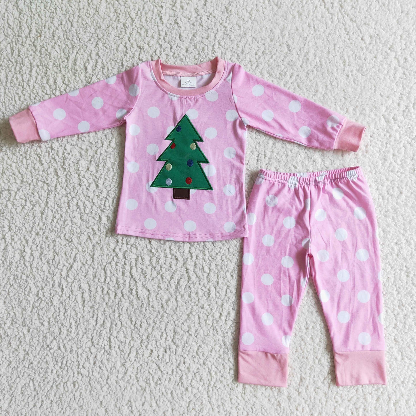 girl christmas tree pink dots pajama