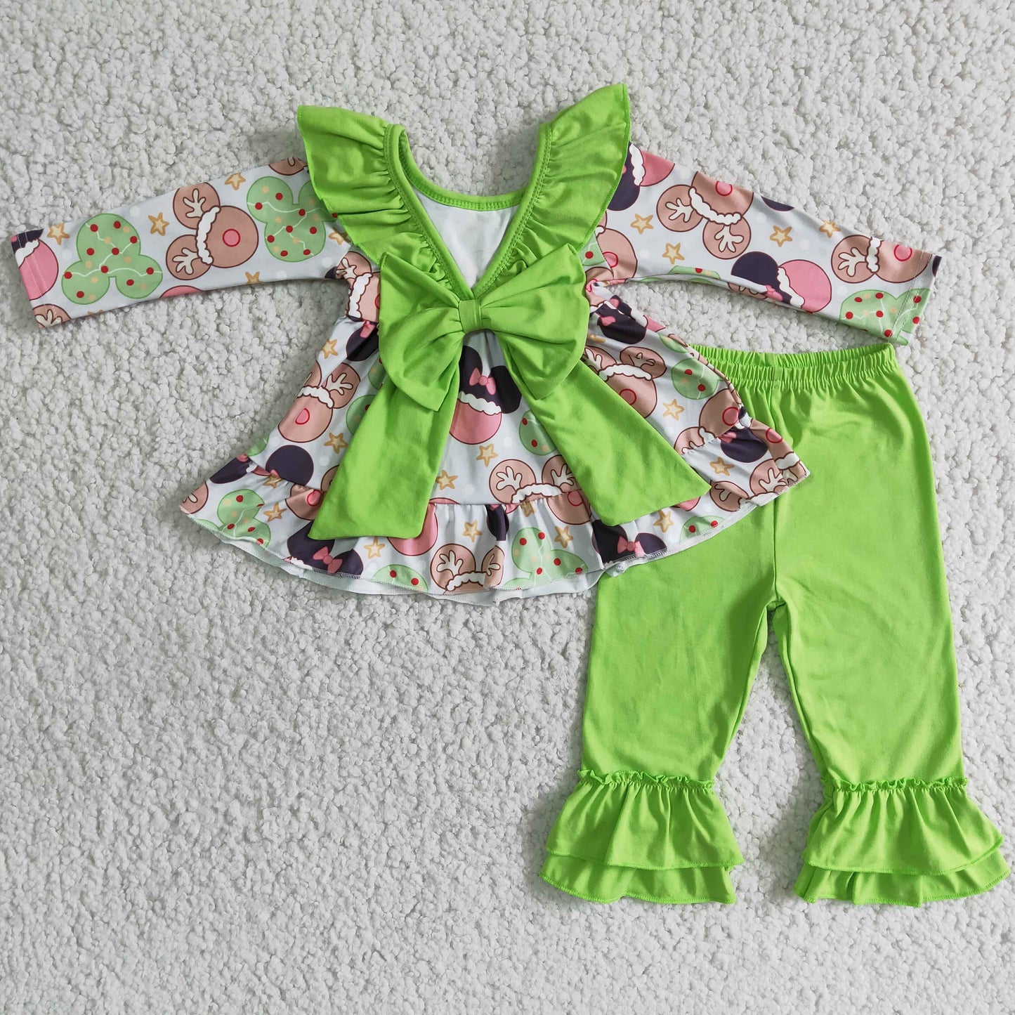 girl green cartoon bow ruffle pants set