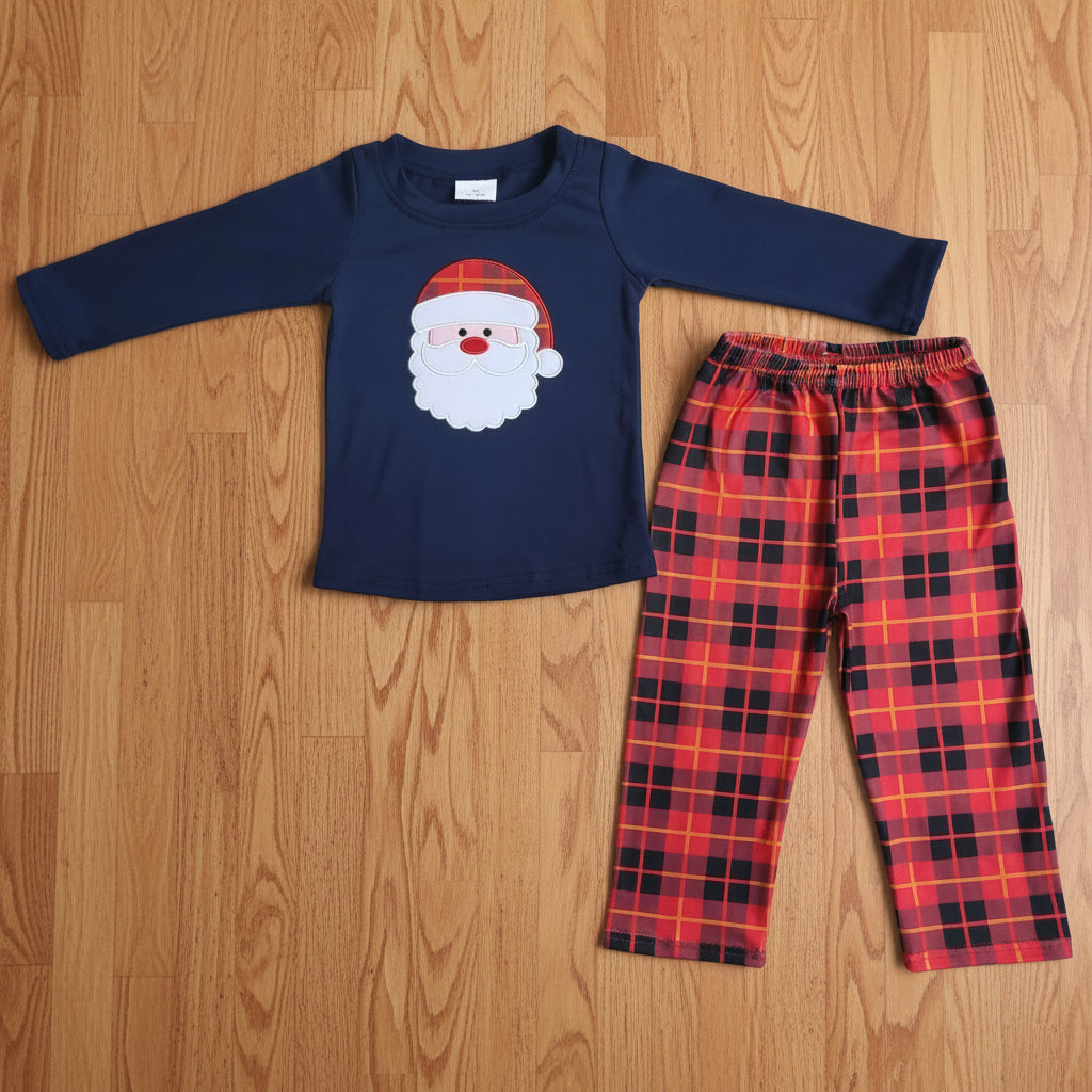 Santa Claus Embroidery Red Plaid Pants Set boys christmas outfit