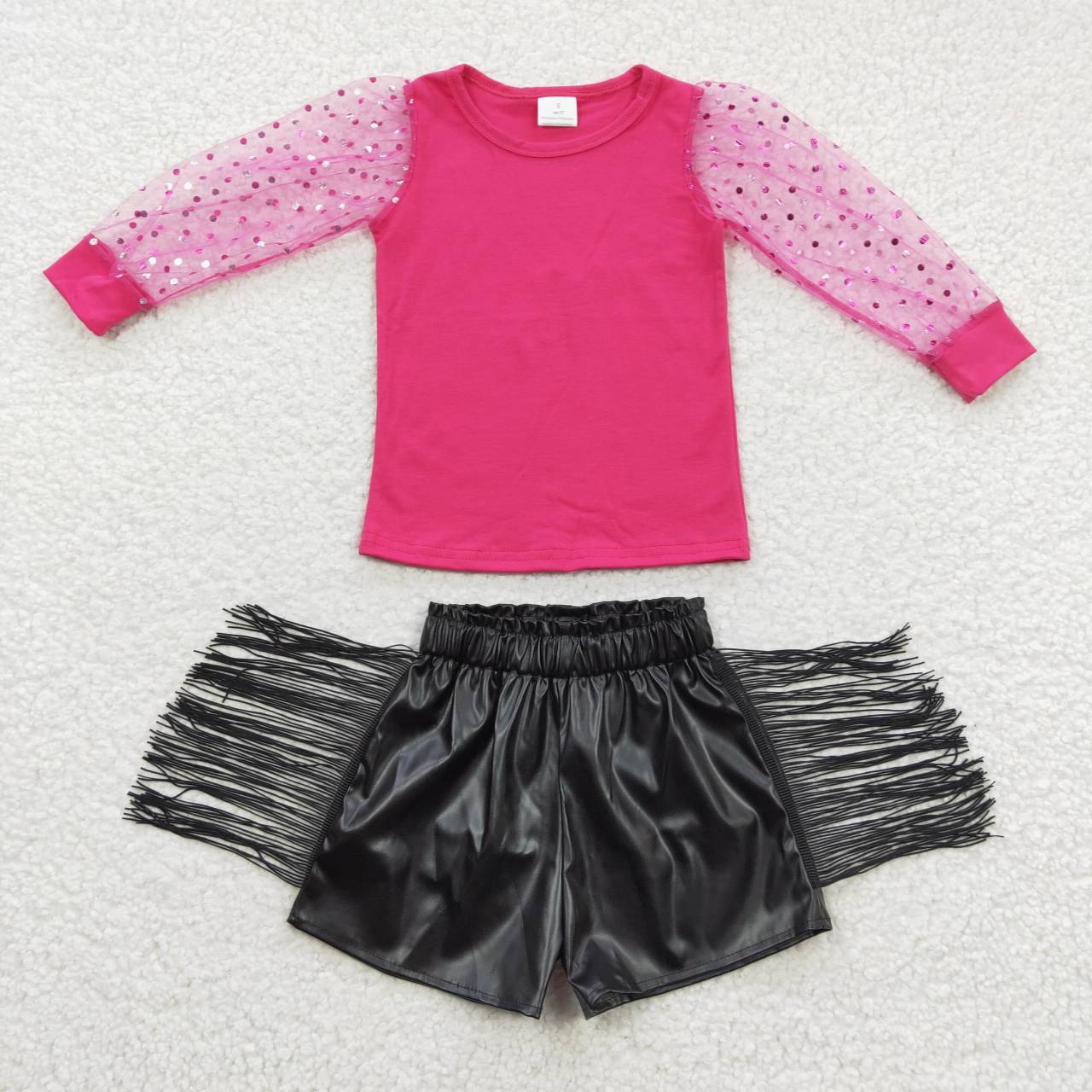 kids fringe leather shorts set girl outfits